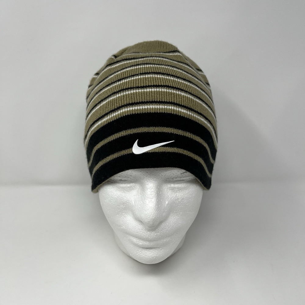 Vintage Nike Golf Reversible Beanie Tan Black Striped One Size